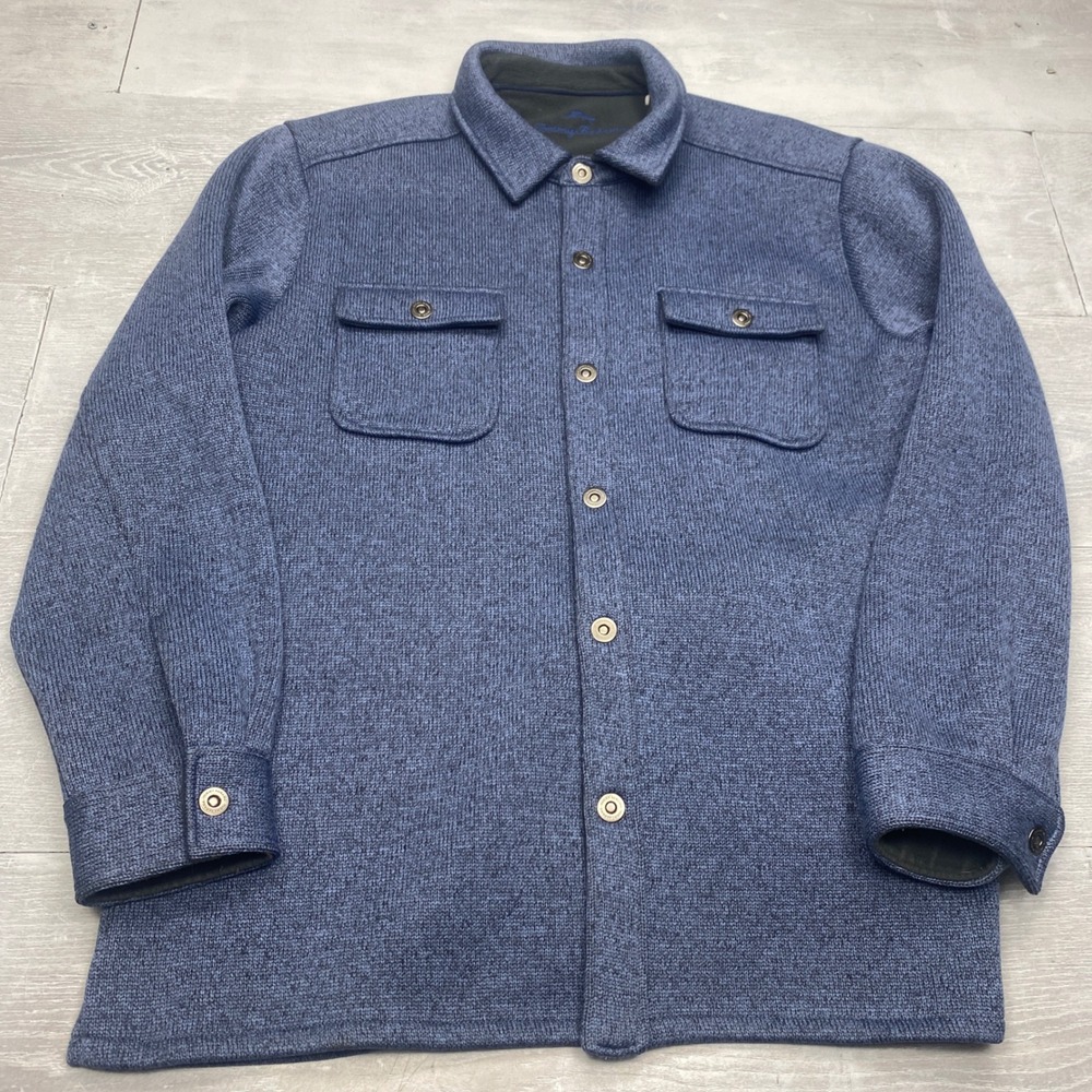 Tommy Bahama Men's Fleece Work Shirt Jacket XL Blue Sweater Knit Button Up Flap